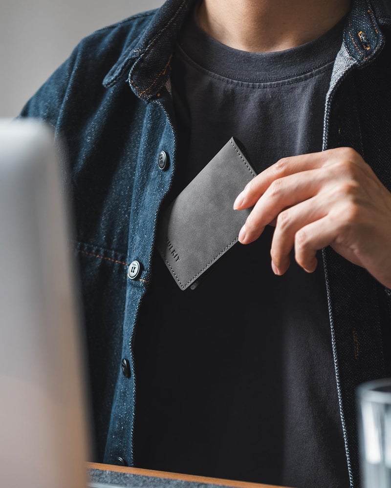 VULKIT Leather Business Card Holder 2 Sided Slim Business Name Card Organizer for Men or Women (Yangba Grey) - Image 3